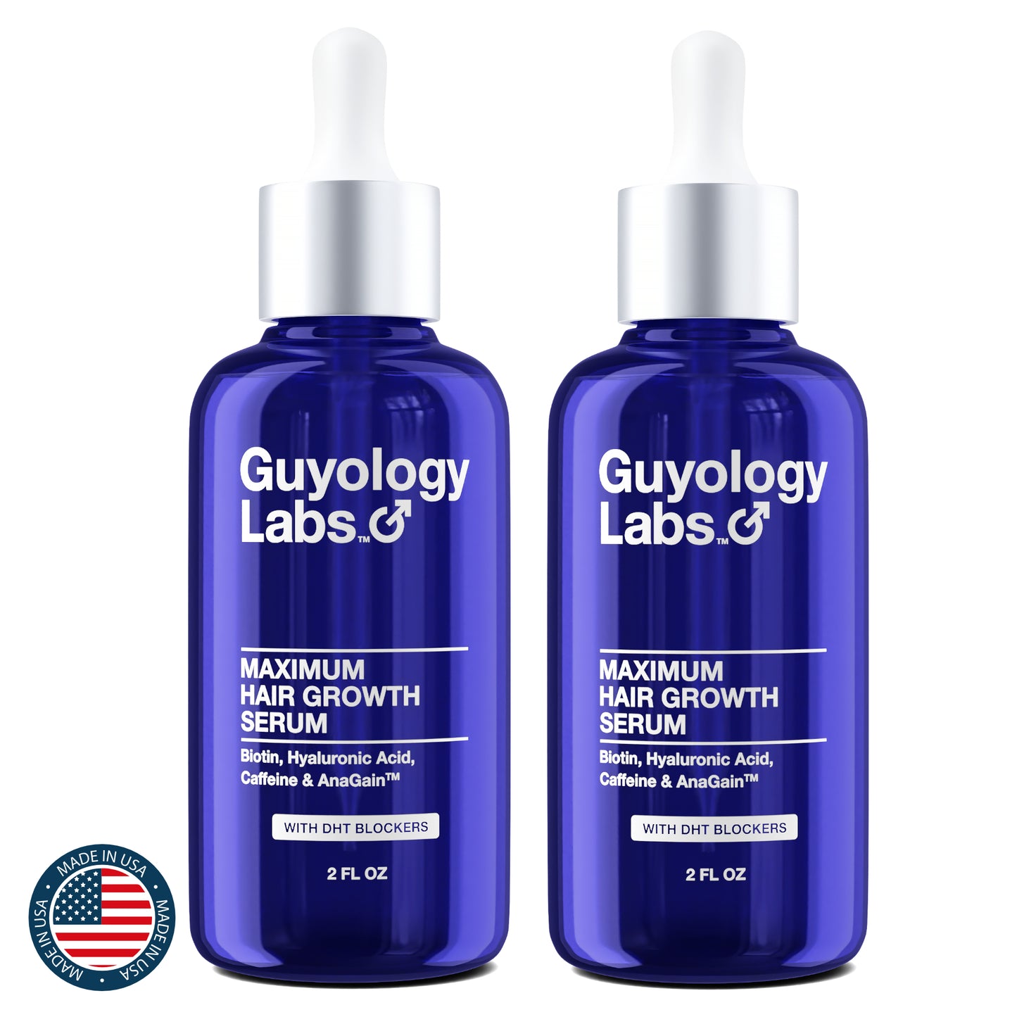 Twin Pack 2 x Guyology Labs Biotin & AnaGain™ Hair Growth Serum for Men, Women & All Types of Hair - DHT Blocker & Scalp Serum - Hyaluronic Acid, Citrus - Anti Thinning Hair - Anti Hair Loss - Hair Regrowth - Made in USA