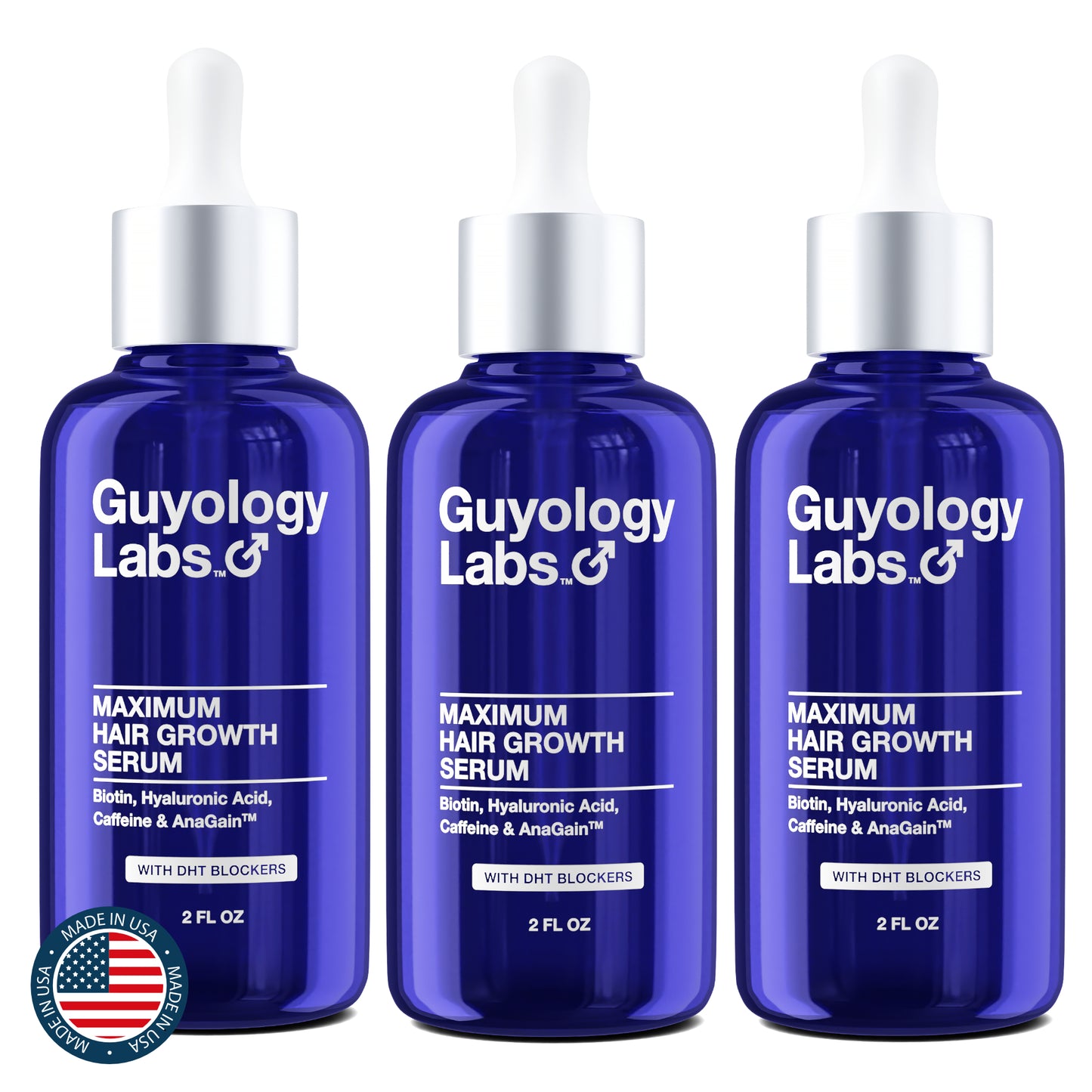 Multipack 3 x Guyology Labs Biotin and AnaGain™ Hair Growth Serum for Men, Women & All Types of Hair - DHT Blocker & Scalp Serum - Hyaluronic Acid, Citrus - Anti Thinning Hair - Anti Hair Loss - Hair Regrowth - Made in USA
