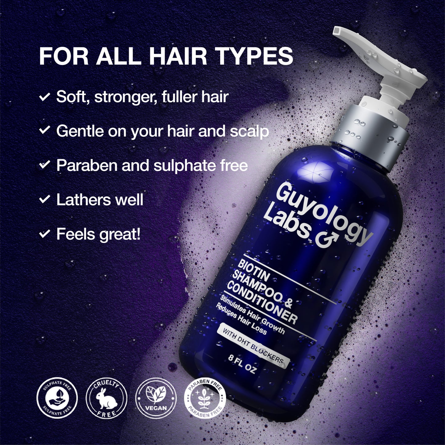 Guyology Labs™ Anti Hair Loss- Hair Growth 3 Step System: Biotin + AnaGain™ Shampoo & Conditioner + Biotin Hair Growth Serum + Scalp Massager Shower Brush