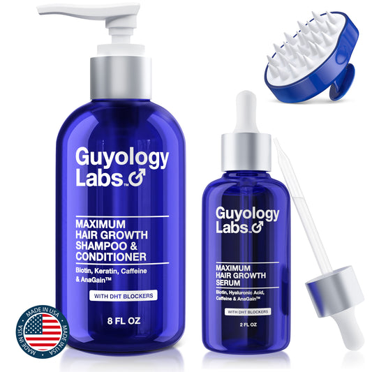Guyology Labs™ Anti Hair Loss- Hair Growth 3 Step System: Biotin + AnaGain™ Shampoo & Conditioner + Biotin Hair Growth Serum + Scalp Massager Shower Brush
