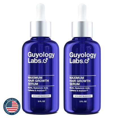 Twin Pack 2 x Guyology Labs Biotin & AnaGain™ Hair Growth Serum for Men, Women & All Types of Hair - DHT Blocker & Scalp Serum - Hyaluronic Acid, Citrus - Anti Thinning Hair - Anti Hair Loss - Hair Regrowth - Made in USA