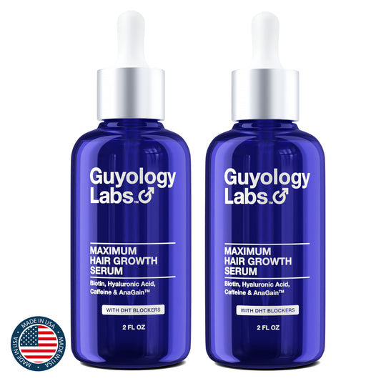 Twin Pack 2 x Guyology Labs Biotin & AnaGain™ Hair Growth Serum for Men, Women & All Types of Hair - DHT Blocker & Scalp Serum - Hyaluronic Acid, Citrus - Anti Thinning Hair - Anti Hair Loss - Hair Regrowth - Made in USA