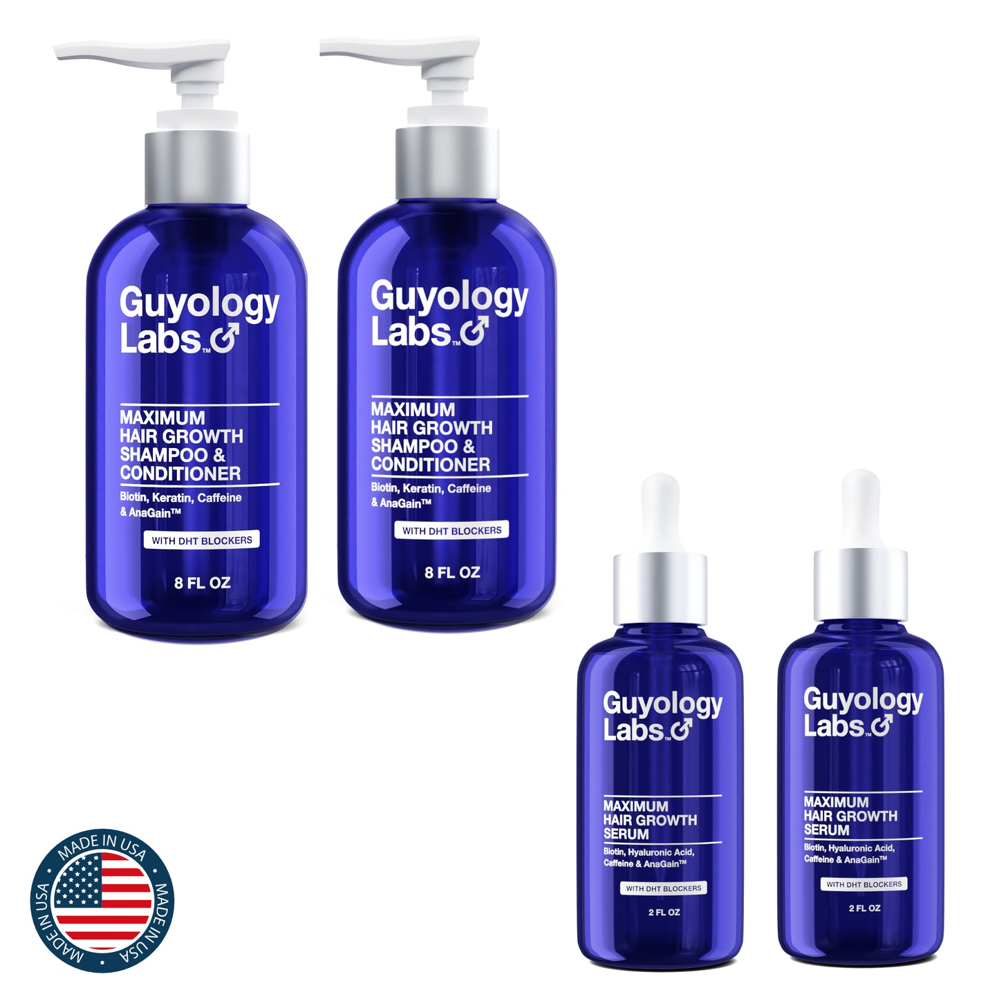 Twin Pack 2 x Guyology Labs Biotin & AnaGain™ Hair Growth Serum for Men, + 2 x Shampoo & Condition Women & All Types of Hair - DHT Blocker & Scalp Serum - Hyaluronic Acid, Citrus - Anti Thinning Hair - Anti Hair Loss - Hair Regrowth - Made in USA