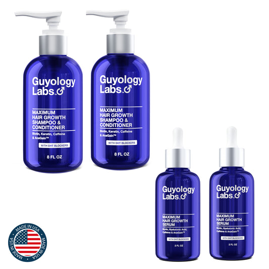 Twin Pack 2 x Guyology Labs Biotin & AnaGain™ Hair Growth Serum for Men, + 2 x Shampoo & Condition Women & All Types of Hair - DHT Blocker & Scalp Serum - Hyaluronic Acid, Citrus - Anti Thinning Hair - Anti Hair Loss - Hair Regrowth - Made in USA