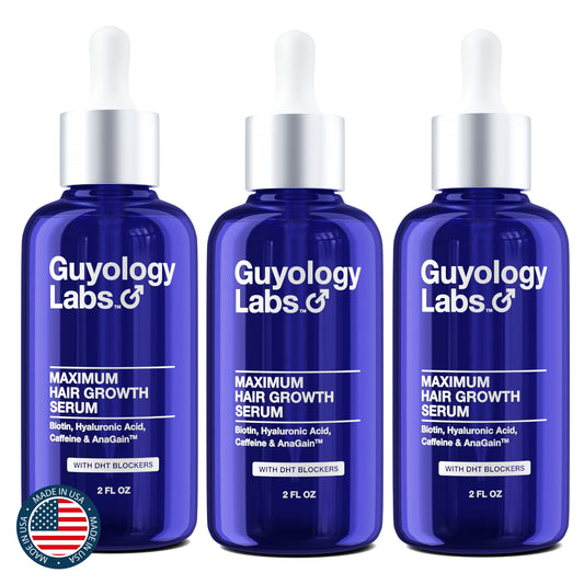 Multipack 3 x Guyology Labs Biotin and AnaGain™ Hair Growth Serum for Men, Women & All Types of Hair - DHT Blocker & Scalp Serum - Hyaluronic Acid, Citrus - Anti Thinning Hair - Anti Hair Loss - Hair Regrowth - Made in USA