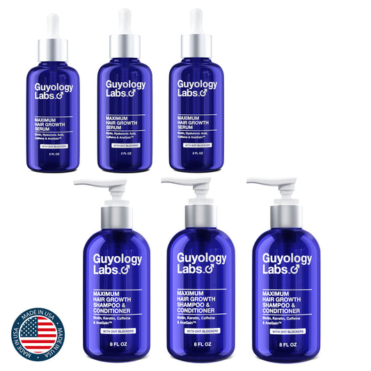 Multipack 3 x Guyology Labs Biotin & AnaGain™ Hair Growth Serum for Men, + 3 x Shampoo & Condition Women & All Types of Hair - DHT Blocker & Scalp Serum - Hyaluronic Acid, Citrus - Anti Thinning Hair - Anti Hair Loss - Hair Regrowth - Made in USA