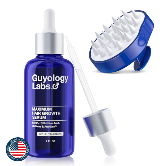 Guyology Labs Biotin Hair Growth Serum & Scalp Massager for Men, Women & All Types of Hair - DHT Blocker & Scalp Serum - Hyaluronic Acid, Citrus - Anti Thinning Hair - Anti Hair Loss - Hair Regrowth - Made in USA
